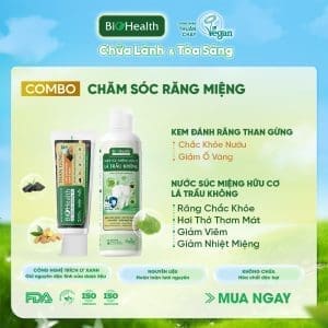 Combo Chăm Sóc Răng Miệng Thiên Nhiên BioHealth (KĐR Than Gừng 70g + Nước súc miệng Lá trầu không 250ml)