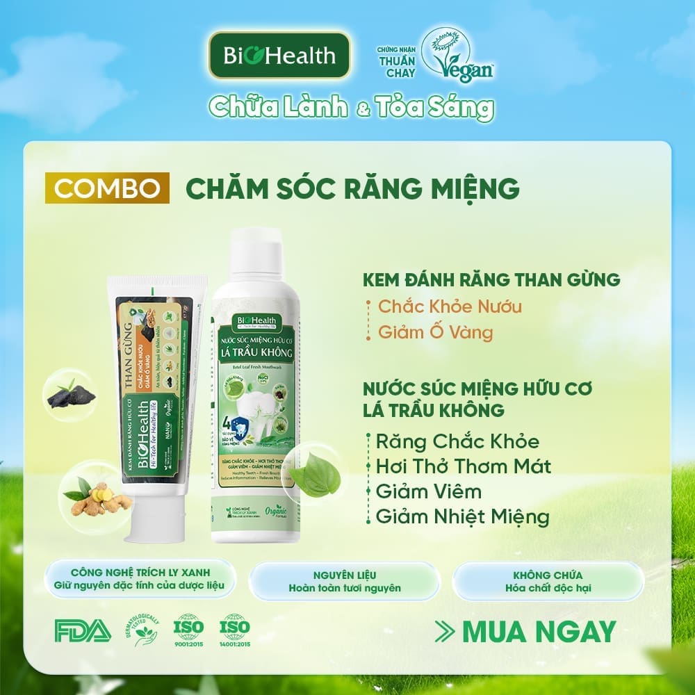 Combo Chăm Sóc Răng Miệng Thiên Nhiên BioHealth (KĐR Than Gừng 70g + Nước súc miệng Lá trầu không 250ml)
